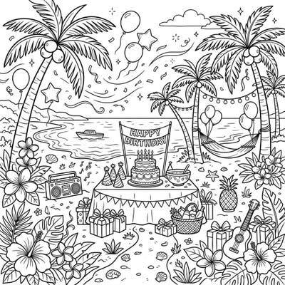 Get ready to celebrate with this vibrant tropical birthday party coloring page! It features a lively beach scene filled with festive balloons, delicious cake, gifts, and swaying palm trees.