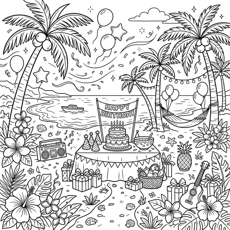 Get ready to celebrate with this vibrant tropical birthday party coloring page! It features a lively beach scene filled with festive balloons, delicious cake, gifts, and swaying palm trees.