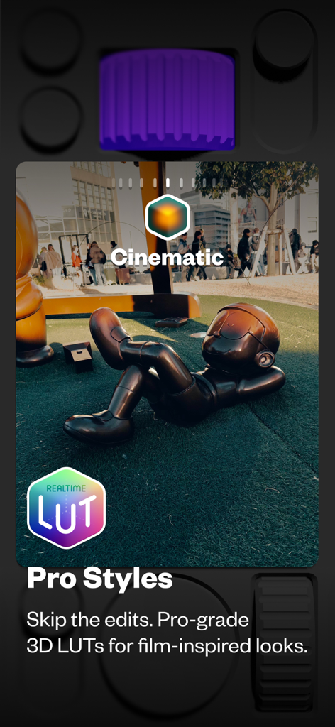 Not Boring Camera app interface showing Pro Styles and Realtime LUT for film-inspired photography