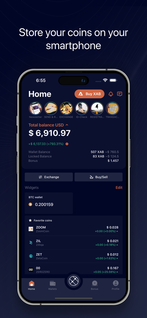 Teroxx - Teroxx App Startbildschirm mit Anzeige des Kryptowährungs-Portfolio-Guthabens und Markttrends auf einem iPhone