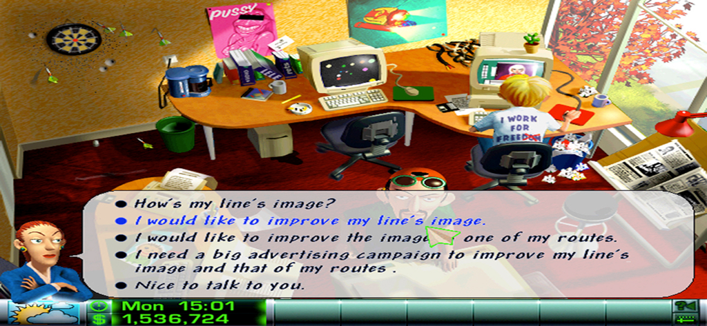 Airline Tycoon Deluxe - Airline Tycoon Deluxe dialogue menu showing marketing options in a comic style office