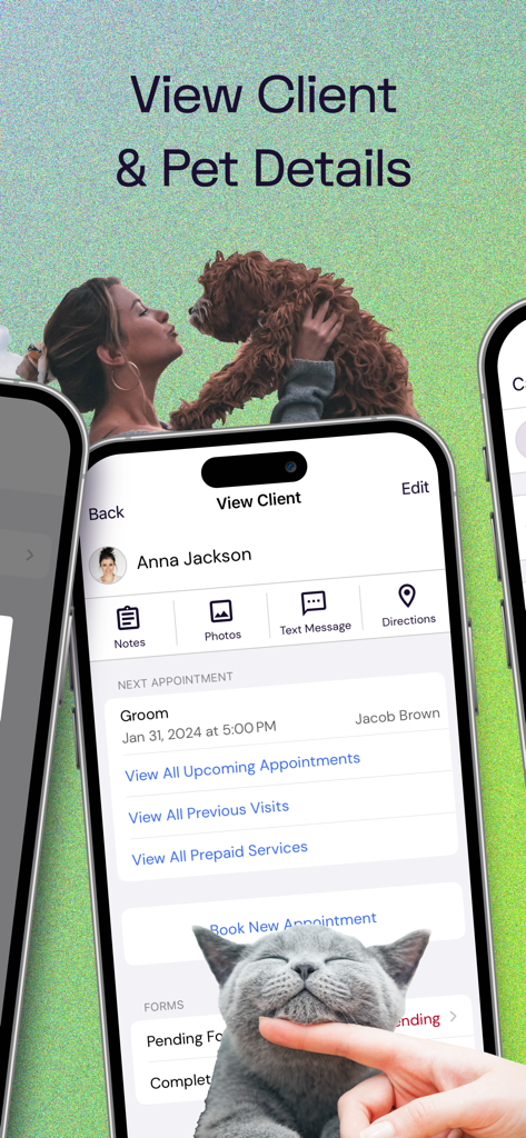 DaySmart Pet App-Oberfläche, die das Kundenprofil mit Terminplanung und Kontaktdaten anzeigt