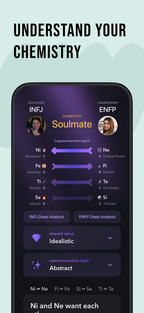 Screenshot of Pdb App showing personality chemistry and cognitive function match between INFJ and ENFP types.