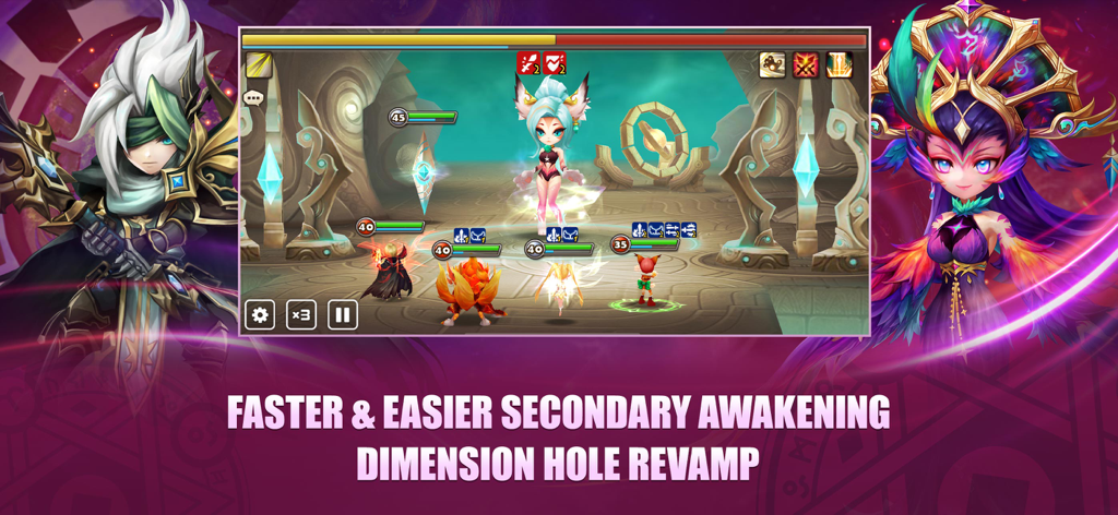 Summoners War - Des séquences de jeu de Summoners War présentant la refonte du Trou Dimensionnel et la fonctionnalité d'éveil secondaire.