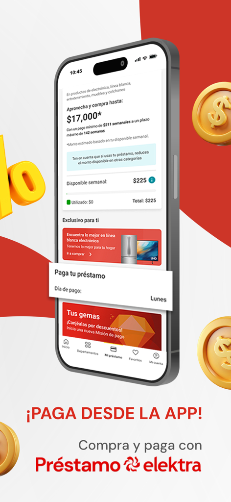 Screenshot of the Elektra mobile app showing loan payment and credit management features