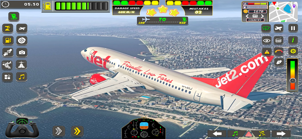 Flight Pilot Sky Airplane Game - A commercial jet flying over a coastal city in a mobile flight simulator game with on-screen cockpit controls.