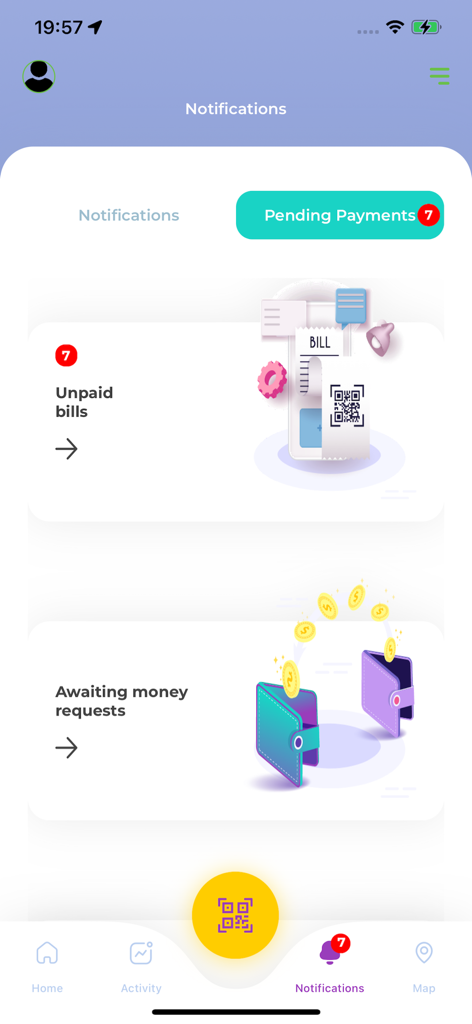 JawwalPay+ - JawwalPay app notifications screen showing unpaid bills and pending money requests