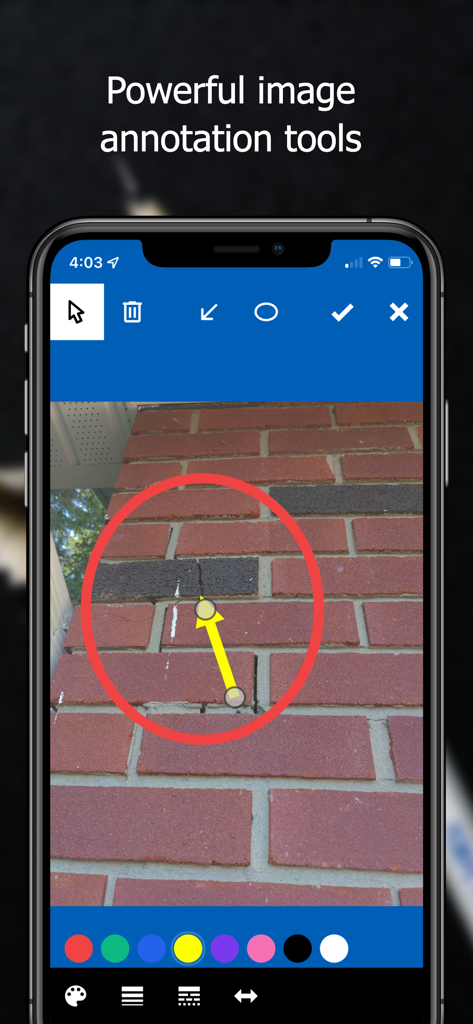 Inspector Toolbelt app interface showing professional image annotation tools with a red circle and yellow arrow highlighting a crack in a brick wall.