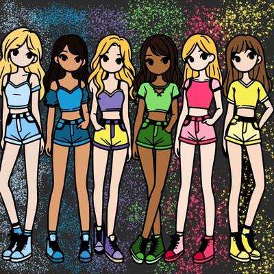 a group of girls wearing crop tops and shorts