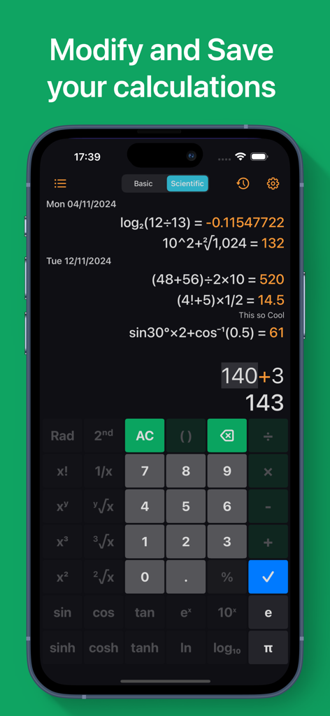 Smart-Calculator Pro - Interfaz de Smart Calculator Pro que muestra el historial de cálculos científicos y un teclado numérico.