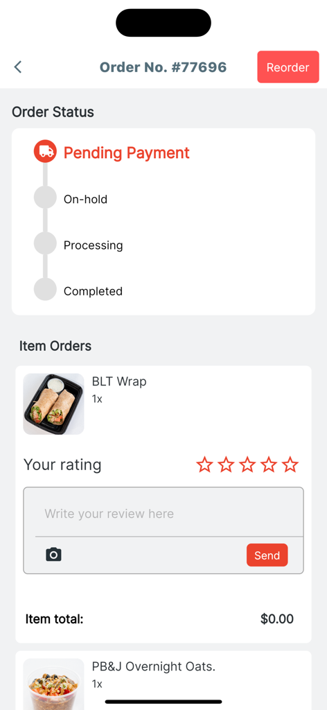 Eat Clean Chicago - Order status tracking and meal review screen in the Eat Clean Chicago app
