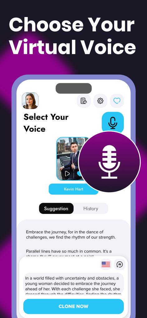 Interfaz de una aplicación móvil que muestra opciones para elegir una voz virtual para clonación IA y texto a voz