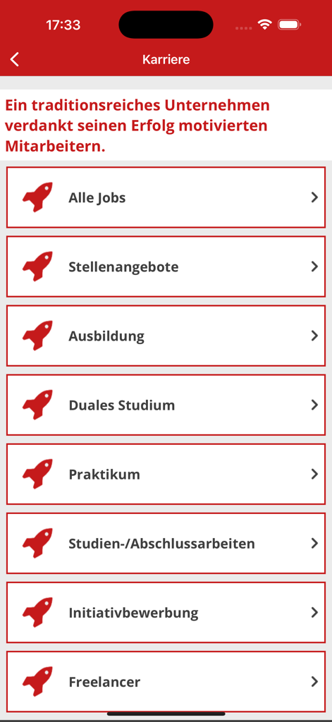 ROTHO Concrete Employee App - Menú de carreras en la ROTHO Concrete Employee App que muestra categorías de trabajos y pasantías con íconos de cohetes.
