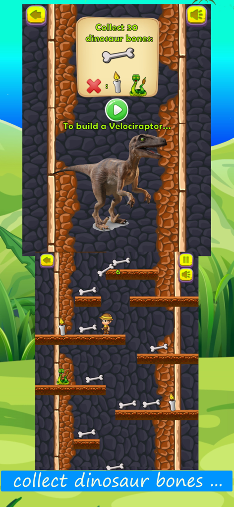 Dinosaur Games For Kids - FULL - Un nivel de juego de plataformas donde los niños recolectan huesos de dinosaurio para construir un esqueleto de Velociraptor.