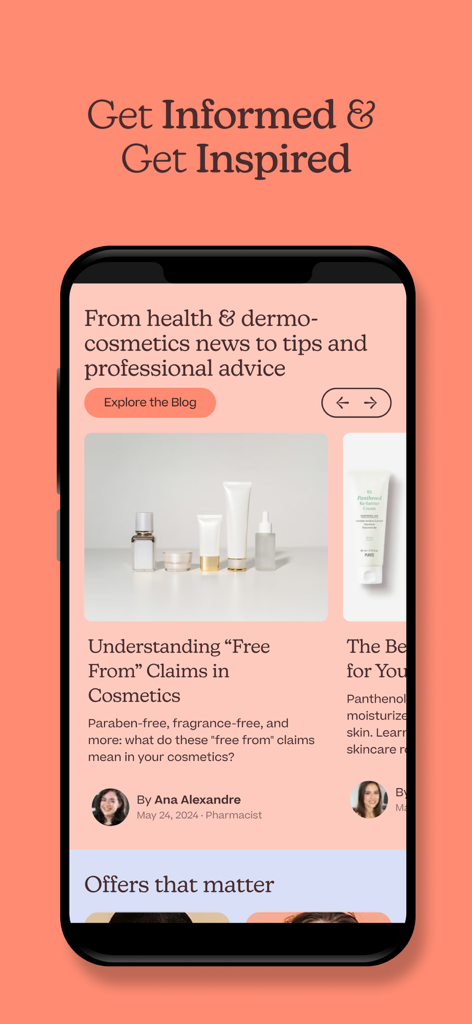 Écran de l'application Care To Beauty montrant un blog de soins de la peau avec des conseils d'experts pharmaciens et des articles sur les dermo-cosmétiques