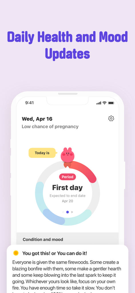Interfaz de la aplicación Bom Calendar que muestra el primer día de un ciclo menstrual, la probabilidad de embarazo y una actualización motivacional de salud y estado de ánimo.