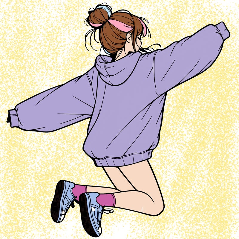 realistic girl jumping with a bun and oversized sweatshirt