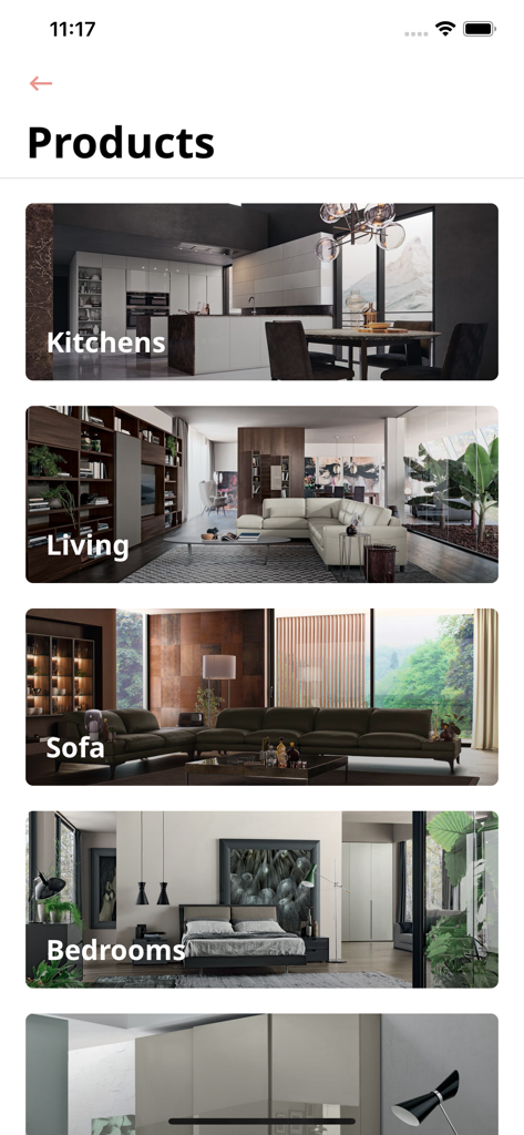 Febal Casa App-Bildschirm mit Möbelkategorien für Küchen, Wohnzimmer, Sofas und Schlafzimmer