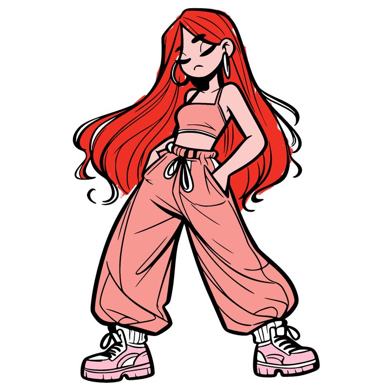 girl in baggy pants crop top and long hair