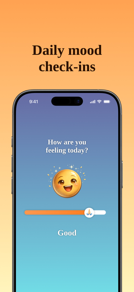 Bible Pause: App Blocker - Daily mood check in screen in the Bible Pause app with a prayer icon slider and happy emoji
