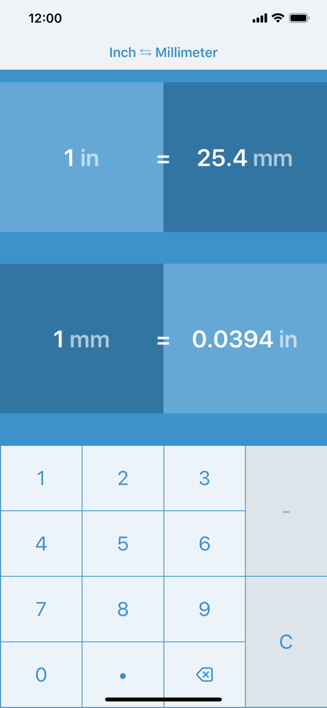 Interfaccia utente dell'app di conversione Pollici in Millimetri che mostra i risultati della conversione e la tastiera numerica