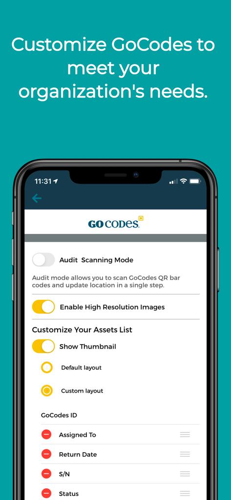 GoCodes Asset Tracking - GoCodes mobile app screen showing settings to customize asset lists and audit scanning mode.