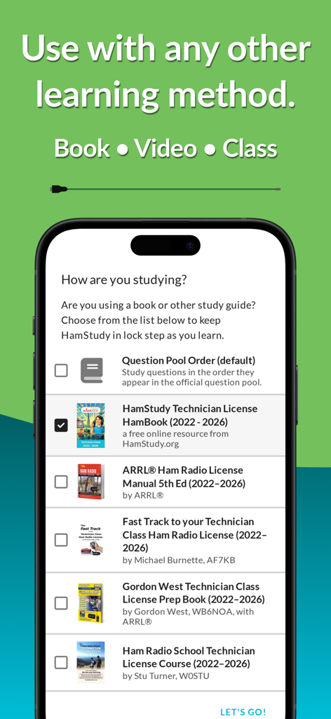A mobile app screen showing options to choose a ham radio license manual or study guide for synchronized learning.