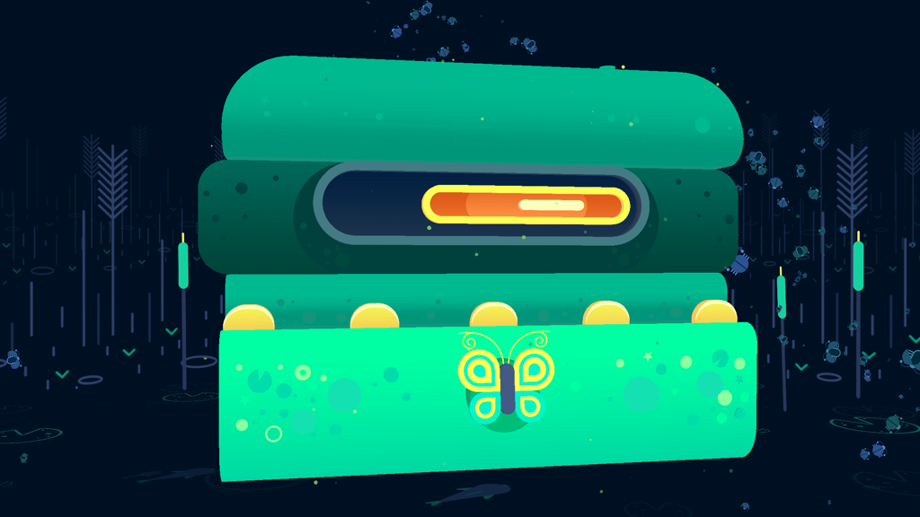 GNOG - Teal toy box puzzle with a butterfly icon in GNOG