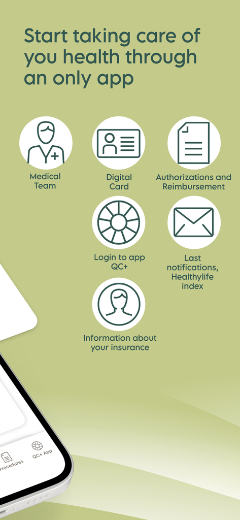 Captura de pantalla de la interfaz de la app Activa DKV mostrando iconos para el equipo médico, tarjeta sanitaria digital y funciones de gestión de seguros