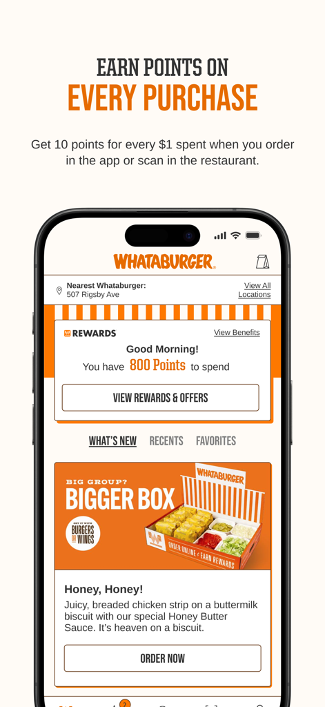 Whataburger app interface showing reward points balance and food promotions