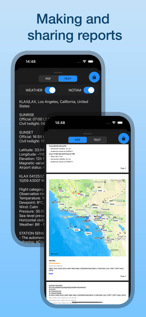 Interface for creating and sharing PDF or text aviation weather and NOTAM reports with maps