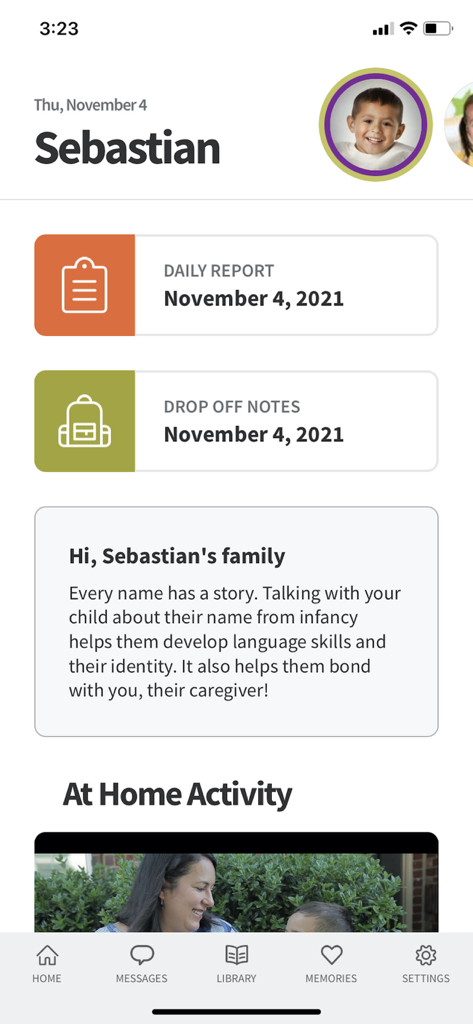 Panel de la aplicación Tadpoles Parent que muestra informes diarios y notas de entrega para un niño llamado Sebastián