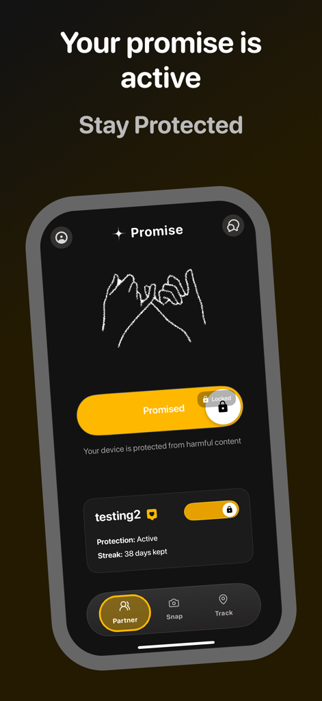 Interfaz de la aplicación Promise que muestra el estado de protección activa y el rastreador de rachas de lealtad.