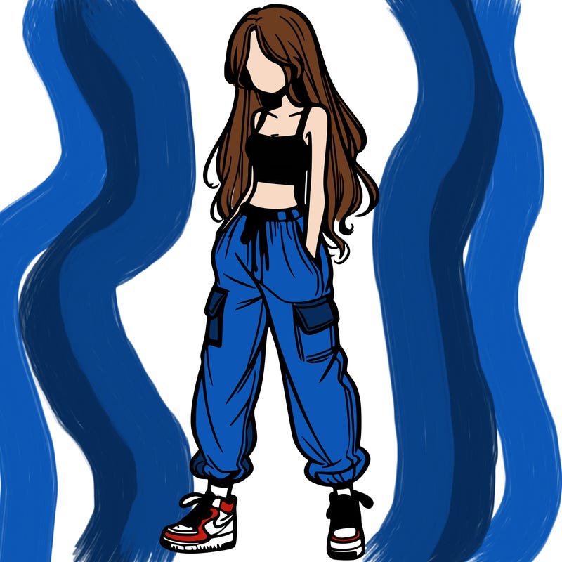 girl in baggy pants crop top and long hair