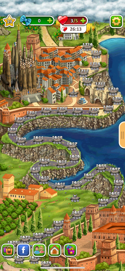 Indy Cat Match 3 Forever - Game level map in Indy Cat Match 3 Forever featuring a Mediterranean coastal city and winding road