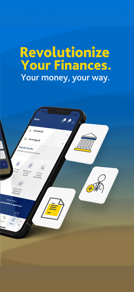 Exim Online Banking - Personal - Smartphone showing the Exim Online Banking Personal app home screen and financial management features.