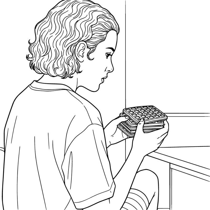 eleven from stranger things holding eggo waffles