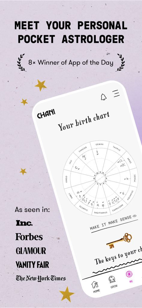 CHANI astrology app interface showing a personalized birth chart and major media endorsements like Forbes and The New York Times.