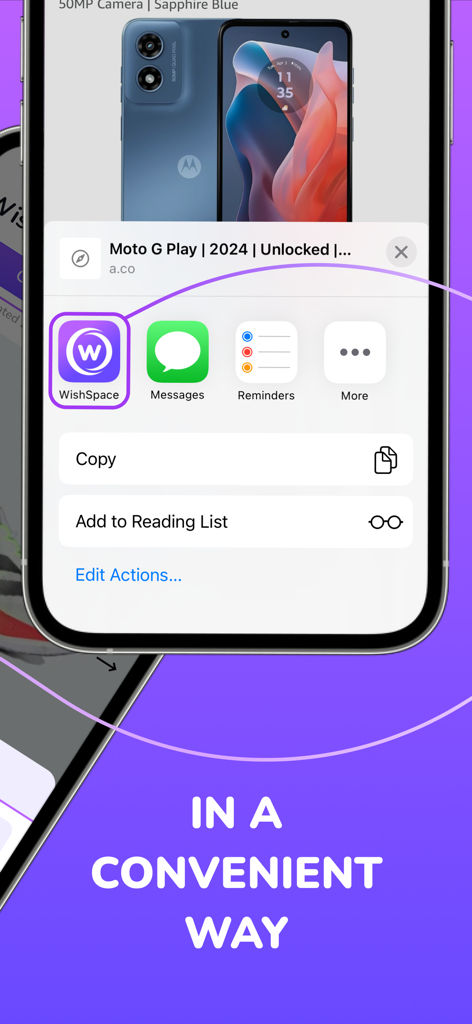 Wishlist Planner - WishSpace - Screenshot of the WishSpace app icon highlighted in the iOS share menu to easily add products to a wishlist