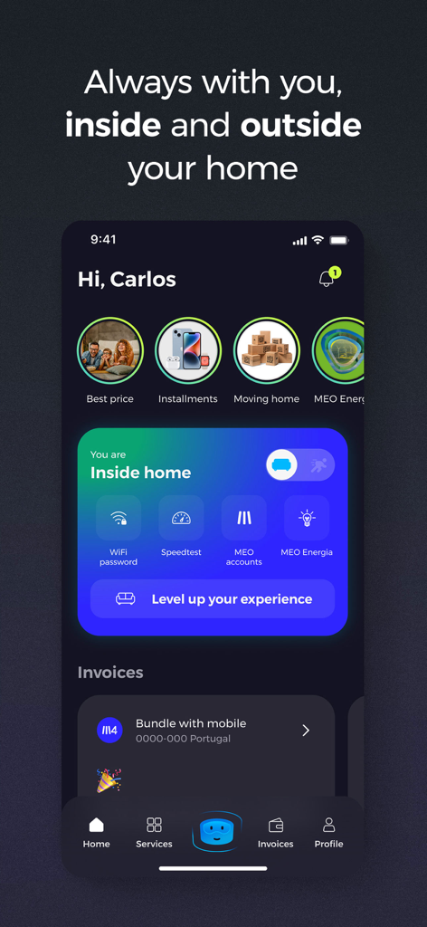 Interfaccia dell'app my MEO che mostra il dashboard principale con accesso rapido al test di velocità della password WiFi e alla gestione delle fatture