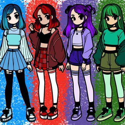 one girl with crop-top shirt and a jacket with a skirt, long socks and another girl with a shirt and pants with a jacket