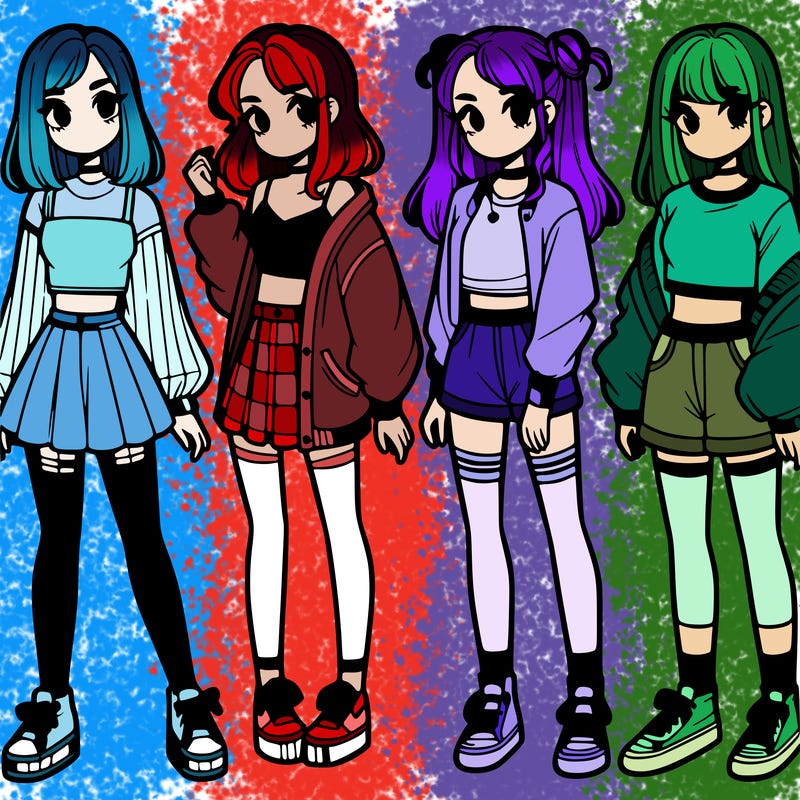 one girl with crop-top shirt and a jacket with a skirt, long socks and another girl with a shirt and pants with a jacket