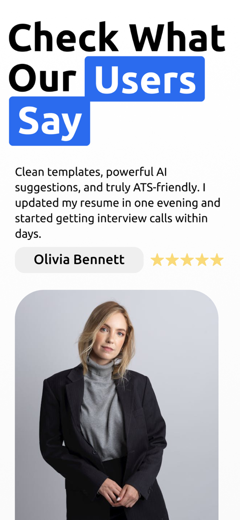 CV Maker: AI Resume Builder - Testimonio de usuario profesional y calificación de cinco estrellas para la aplicación CV Maker AI Resume Builder.
