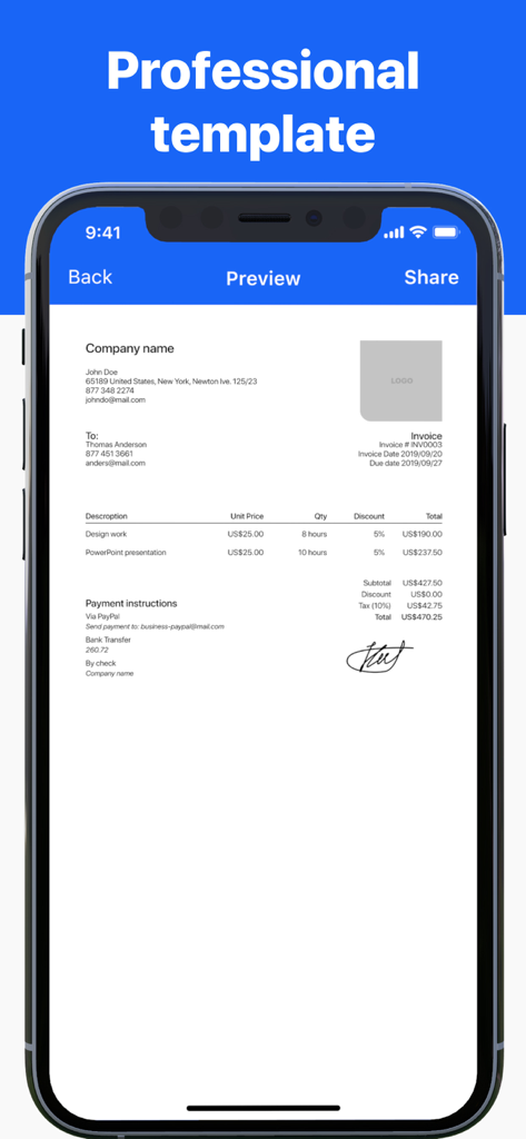 A professional invoice template preview on a mobile device showing detailed business billing and a signature