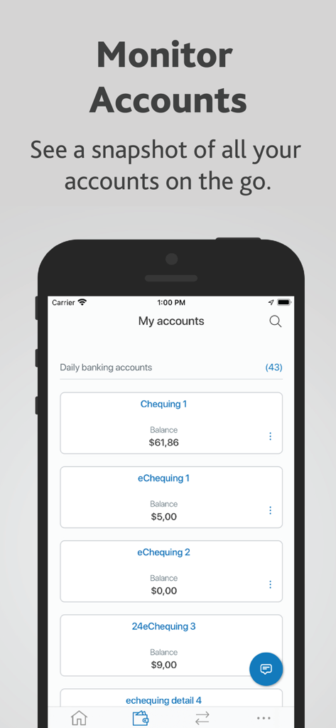 Alterna Bank Mobile Banking - Alterna Bank mobile app interface displaying a snapshot of multiple chequing account balances.