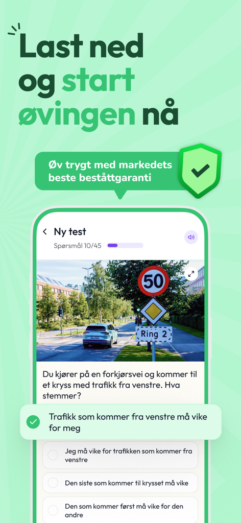 Drivly: Pass your permit test - Interfaz de una aplicación móvil de Drivly que muestra una pregunta práctica de reglas de tráfico con una foto de una carretera y señales de prioridad.