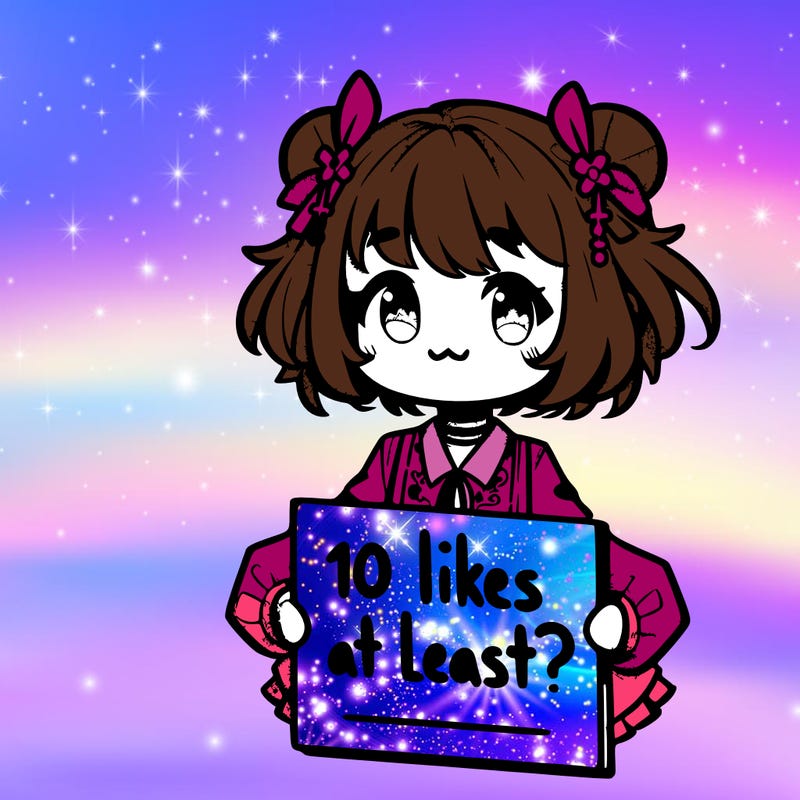 a cute anime girl holding a sign that says,” 10 likes at least?