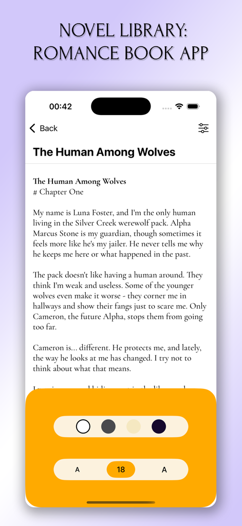 Reading interface of a romance book app showing customization options for font size and background colors