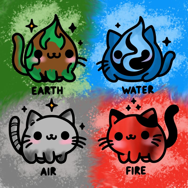 4 cats that represent the different elements, earth, water, air, and fire