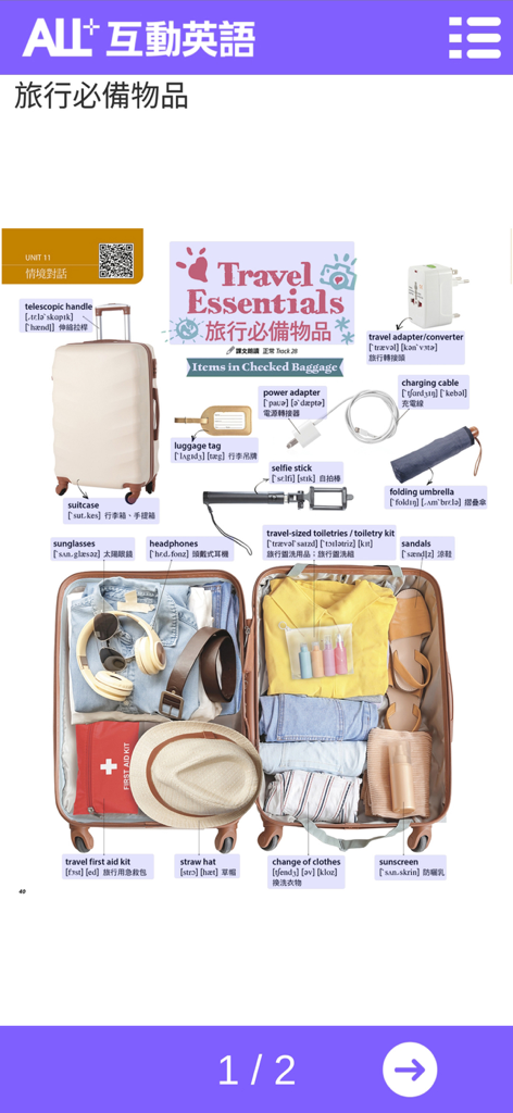ALL+互動英語 - Lección de vocabulario de inglés sobre elementos esenciales de viaje que presenta una maleta abierta con artículos etiquetados tanto en inglés como en chino.